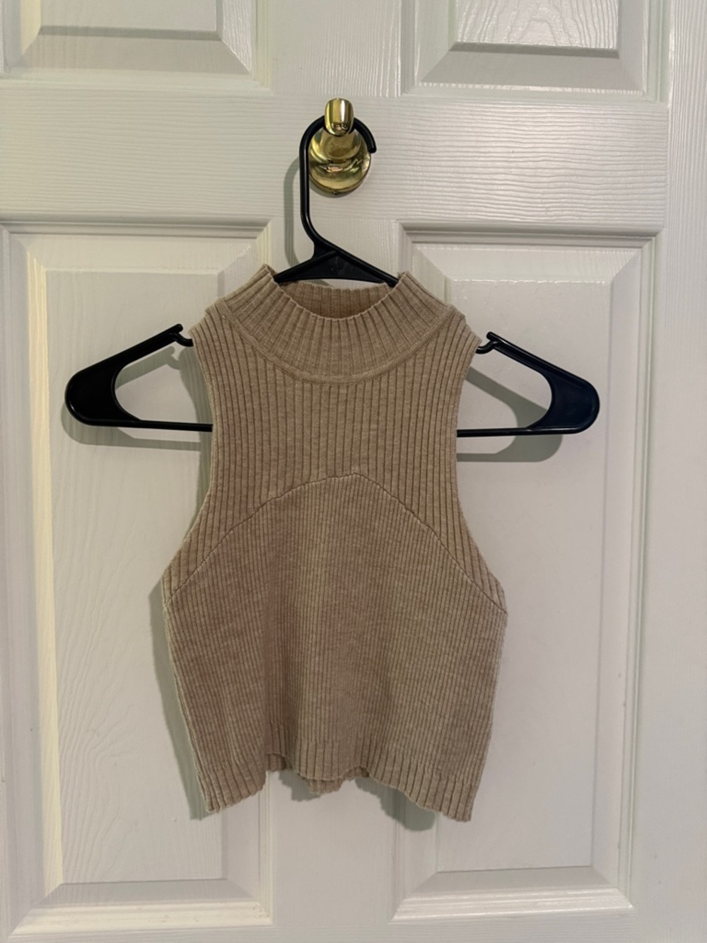Ribbed Sleeveless Mock Neck Crop Top - Beige